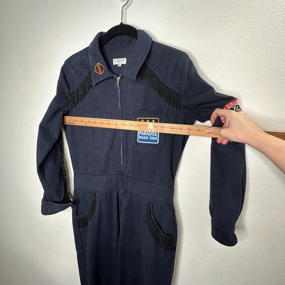 Claudie Pierlot Blue Denim Tassled Long Sleeve Front-Zip Cuffed Hem Jumpsuit 36 - Picture 9 of 12